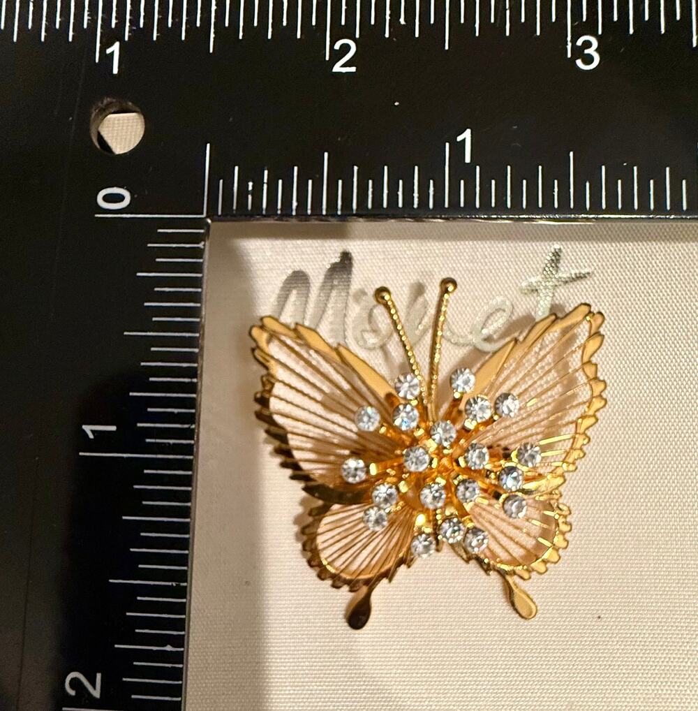 Vintage Signed Monet Gold Tone Rhinestone Butterfly Brooch NIB